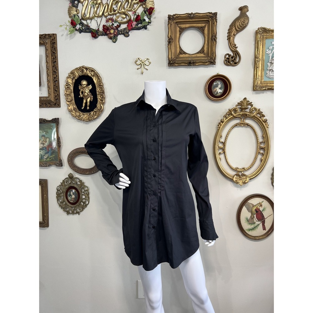 Jennifer Tattanelli Pleated Pintuck Longline Button Down Shirt Size 46 Black